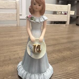 Enesco Growing Up Birthday Girls figurine in Age 14 in blue dress, brunette